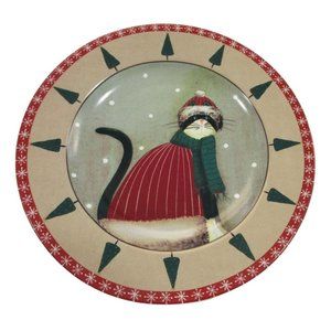 Sakura Fiddlestix Holiday Cat Red Coat Hat Stoneware Holly Rim Salad Plate EUC